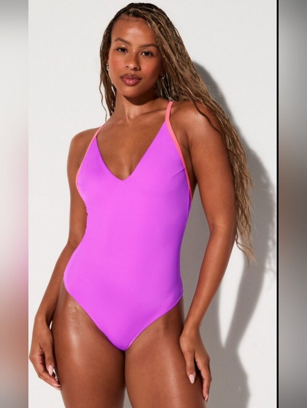 Fabletics V-Neck One-Piece Swimsuit in Vibrant Magenta with Coral Straps